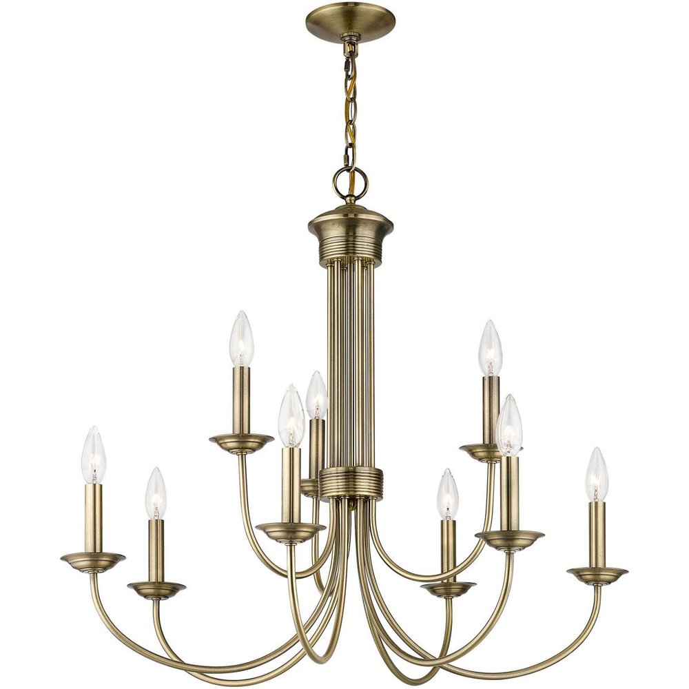 Antiqued Brass Nine Light Metal Dimmable Chandelier With Shades HomeRoots