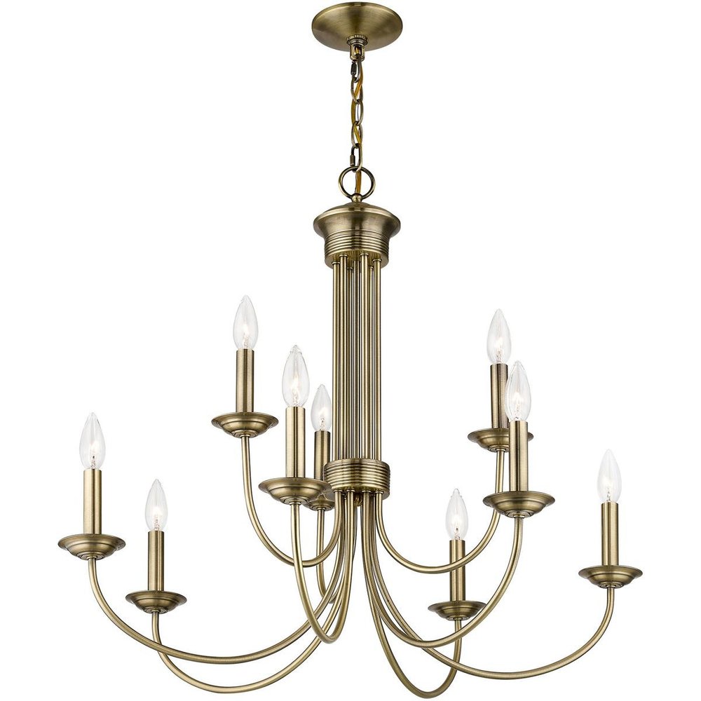 Antiqued Brass Nine Light Metal Dimmable Chandelier With Shades HomeRoots