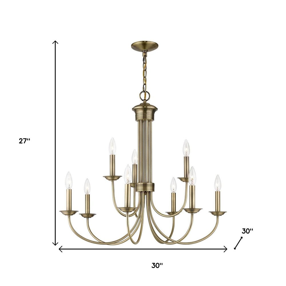 Antiqued Brass Nine Light Metal Dimmable Chandelier With Shades HomeRoots