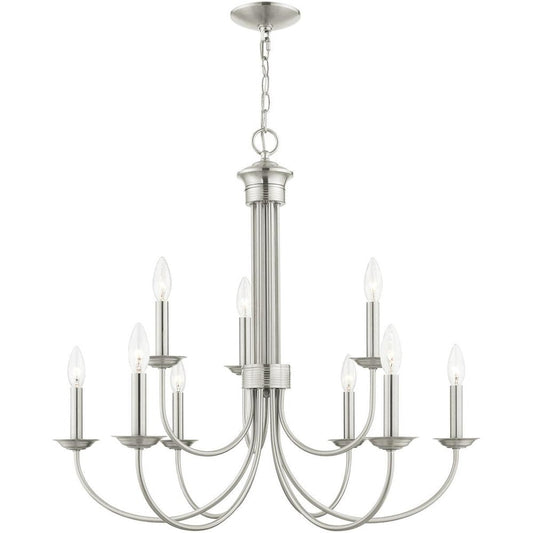 Nickel Nine Light Metal Dimmable Chandelier With Shades HomeRoots
