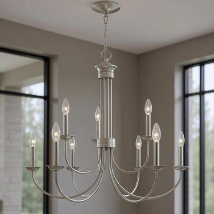 Nickel Nine Light Metal Dimmable Chandelier With Shades HomeRoots