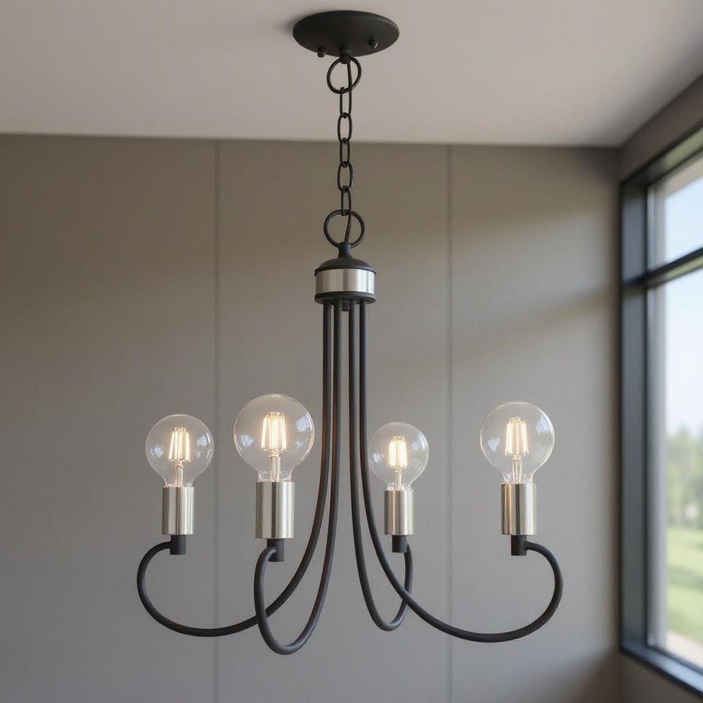 Black Four Light Metal Dimmable Chandelier With Shades