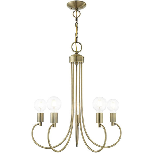 Antiqued Brass Five Light Metal Dimmable Chandelier With Shades HomeRoots