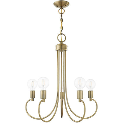 Antiqued Brass Five Light Metal Dimmable Chandelier With Shades HomeRoots