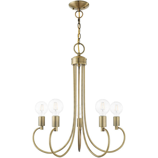 Antiqued Brass Five Light Metal Dimmable Chandelier With Shades HomeRoots