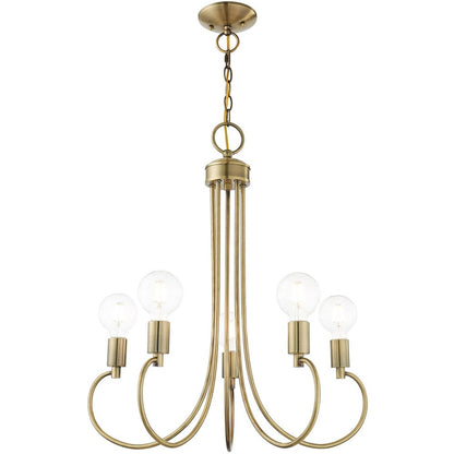 Antiqued Brass Five Light Metal Dimmable Chandelier With Shades HomeRoots