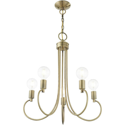 Antiqued Brass Five Light Metal Dimmable Chandelier With Shades HomeRoots