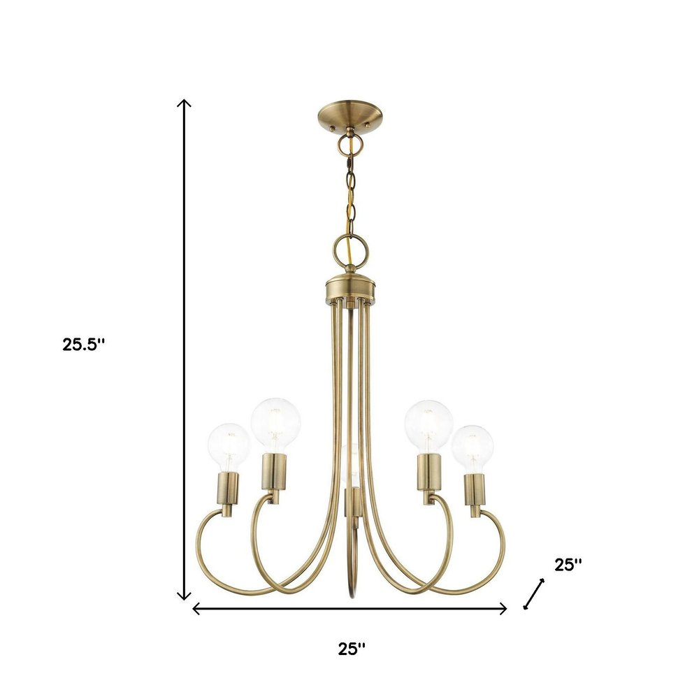 Antiqued Brass Five Light Metal Dimmable Chandelier With Shades HomeRoots