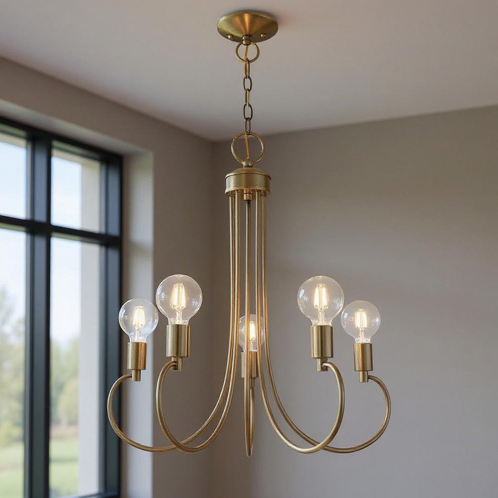 Antiqued Brass Five Light Metal Dimmable Chandelier With Shades HomeRoots