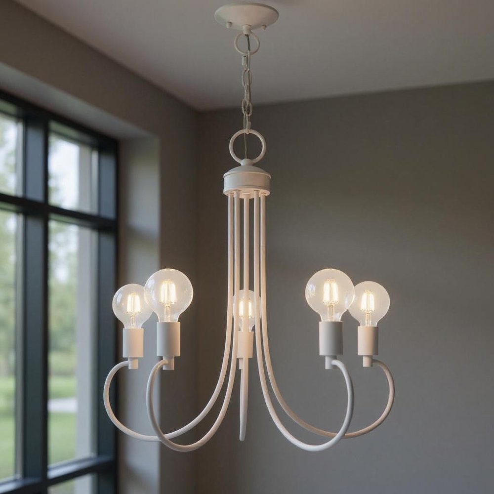 White Five Light Metal Dimmable Chandelier With Shades HomeRoots