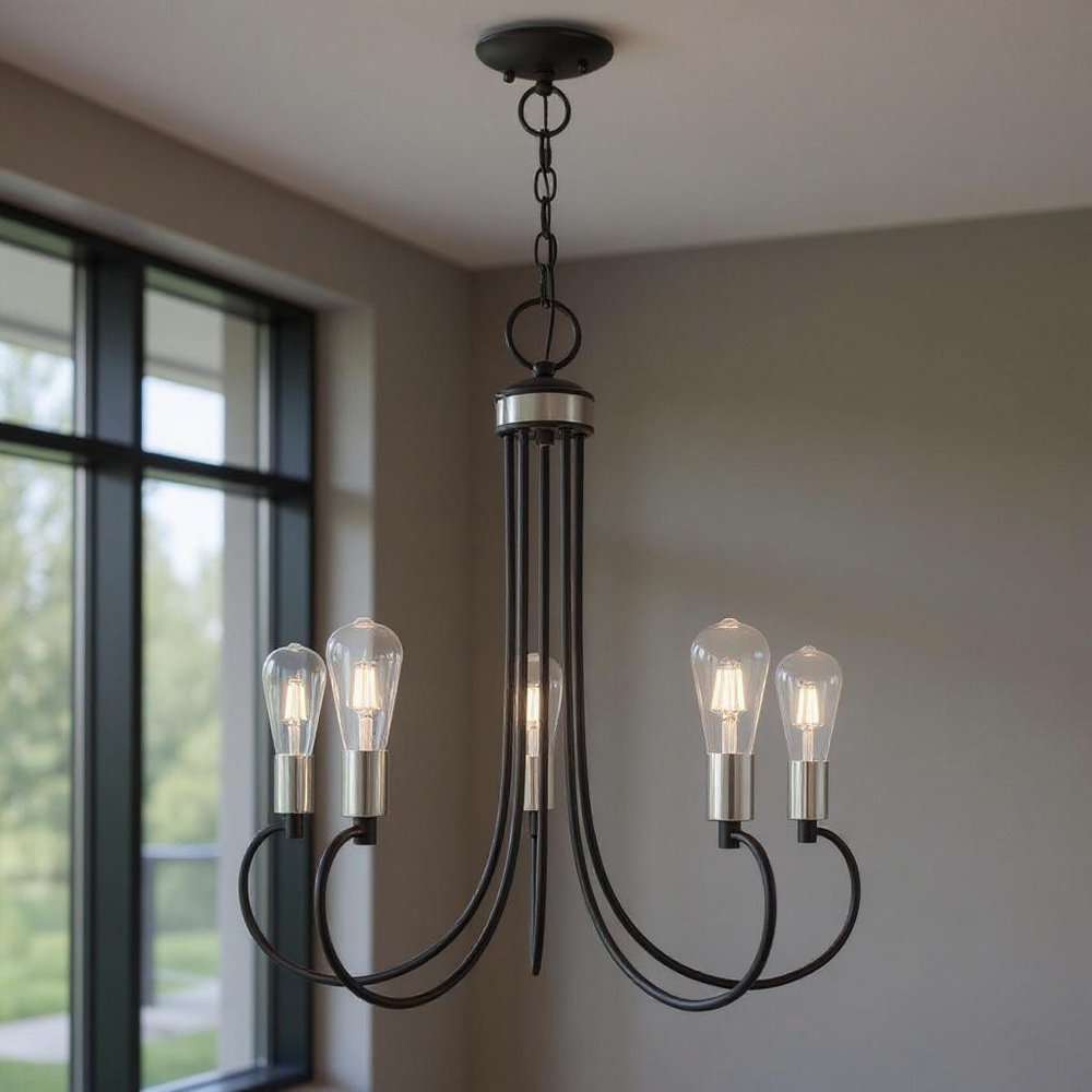 Black Five Light Metal Dimmable Chandelier With Shades HomeRoots