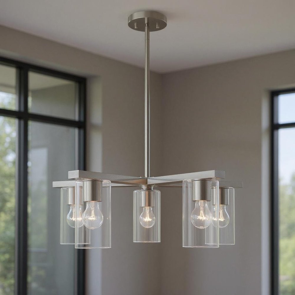Nickel Five Light Metal Dimmable Chandelier With Shades HomeRoots
