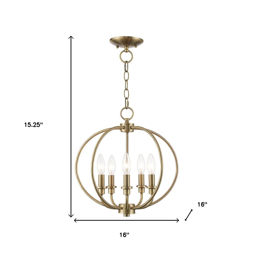 Antiqued Brass Five Light Metal Dimmable Chandelier With Shades HomeRoots