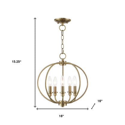 Antiqued Brass Five Light Metal Dimmable Chandelier With Shades HomeRoots