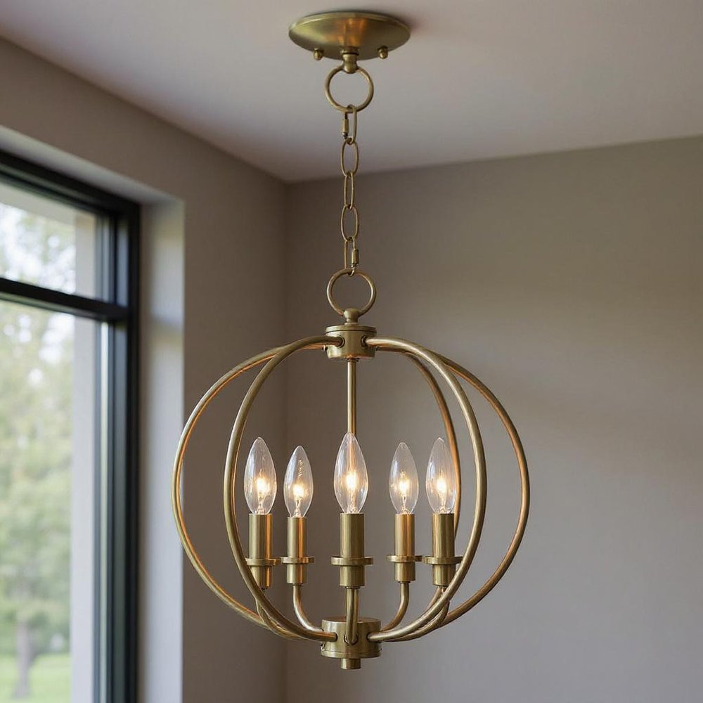 Antiqued Brass Five Light Metal Dimmable Chandelier With Shades HomeRoots