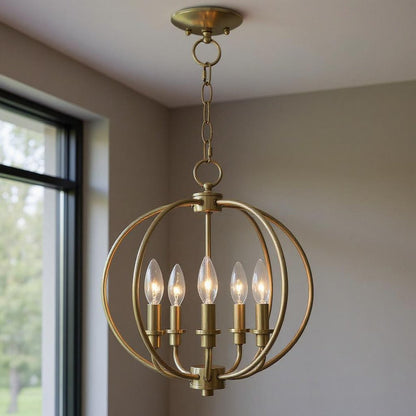 Antiqued Brass Five Light Metal Dimmable Chandelier With Shades HomeRoots