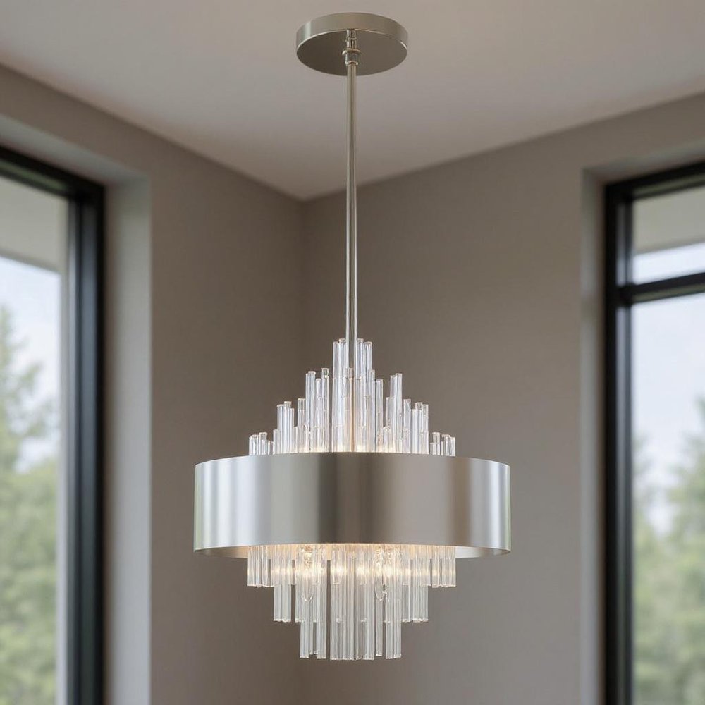 Nickel Eight Light Metal Dimmable Chandelier With Shades HomeRoots