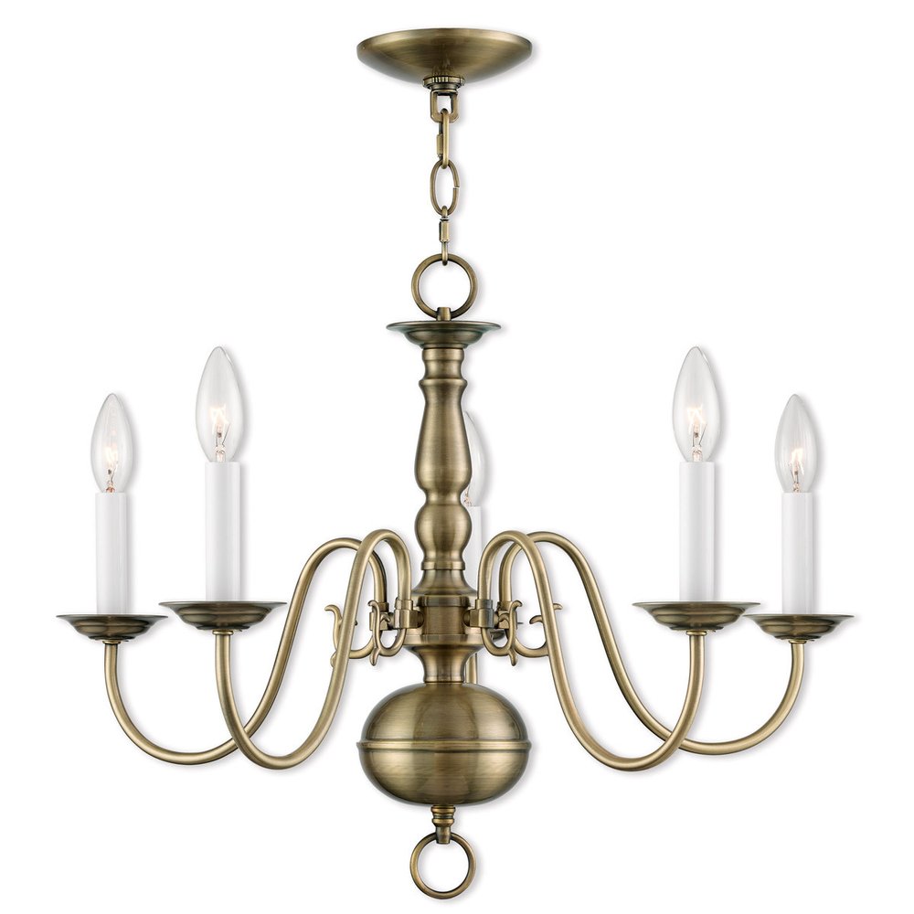 Antiqued Brass Five Light Metal Dimmable Chandelier With Shades HomeRoots