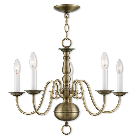 Antiqued Brass Five Light Metal Dimmable Chandelier With Shades HomeRoots
