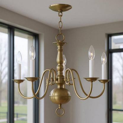 Antiqued Brass Five Light Metal Dimmable Chandelier With Shades HomeRoots