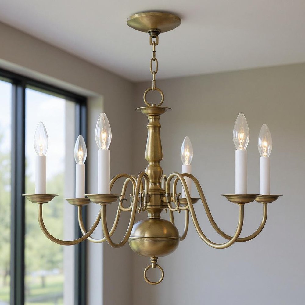 Antiqued Brass Six Light Metal Dimmable Chandelier With Shades HomeRoots