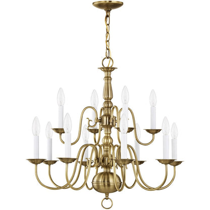Antiqued Brass Twelve Light Metal Dimmable Chandelier With Shades HomeRoots