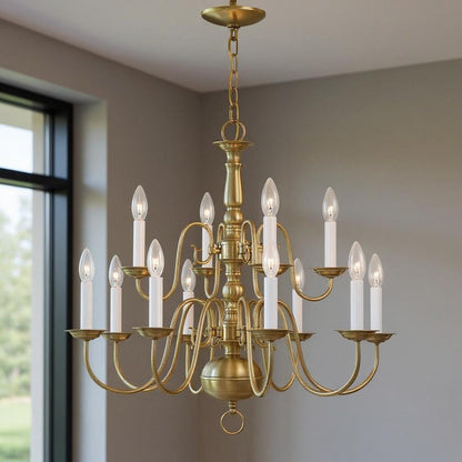 Antiqued Brass Twelve Light Metal Dimmable Chandelier With Shades HomeRoots