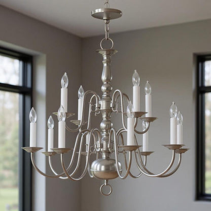Nickel Twelve Light Metal Dimmable Chandelier With Shades HomeRoots