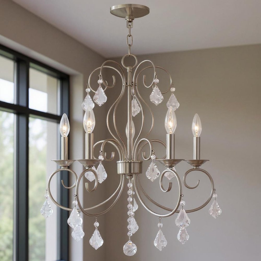 Nickel Five Light Metal Dimmable Chandelier With Shades HomeRoots