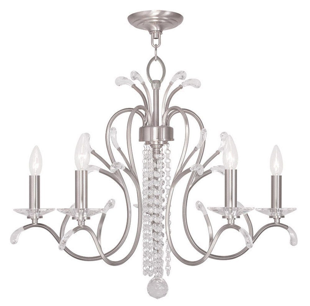 Nickel And Clear Five Light Metal Dimmable Chandelier With Shades HomeRoots