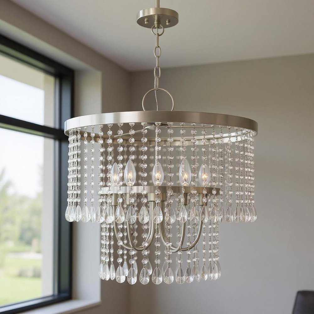 Nickel Five Light Metal Dimmable Chandelier With Shades HomeRoots