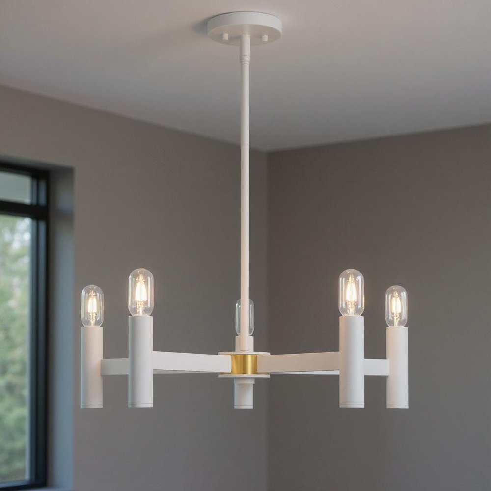 White Five Light Metal Dimmable Chandelier With Shades HomeRoots