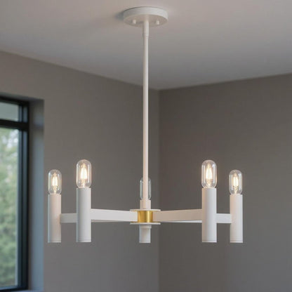 White Five Light Metal Dimmable Chandelier With Shades HomeRoots