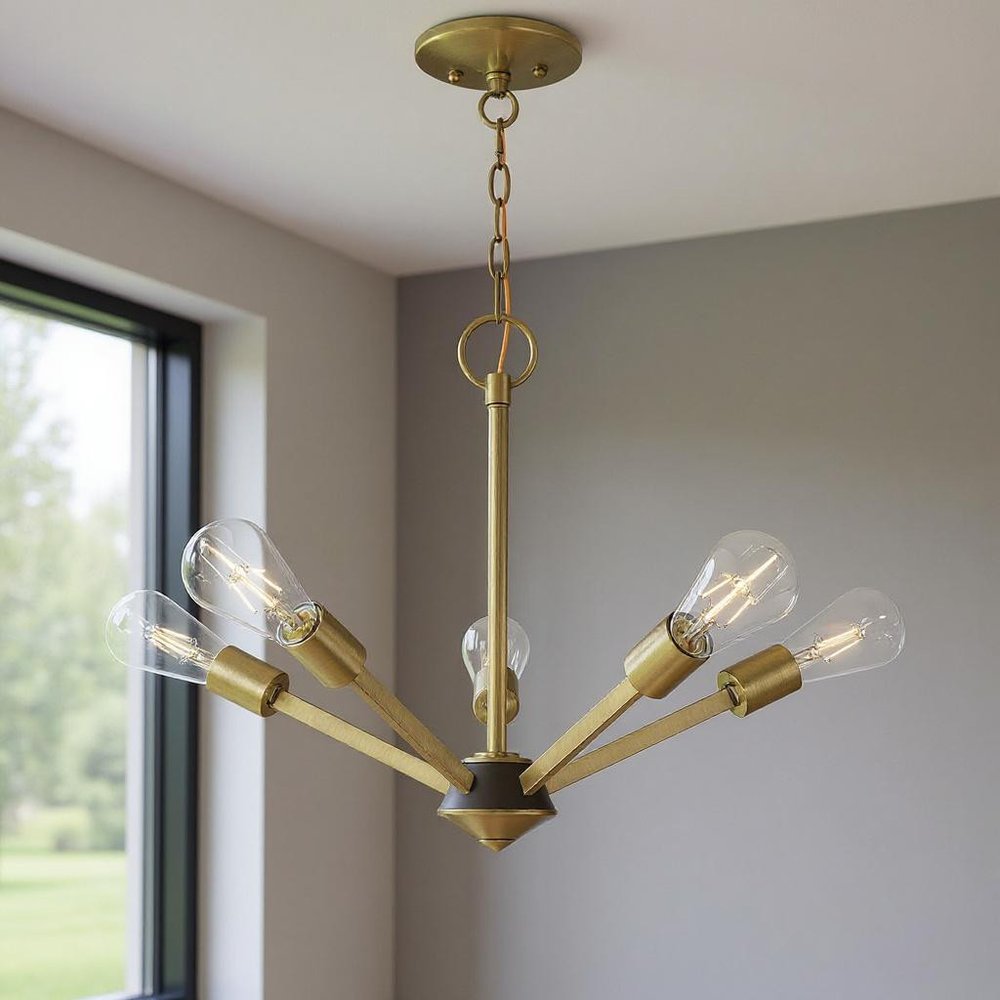 Antiqued Brass Five Light Metal Dimmable Chandelier With Shades HomeRoots