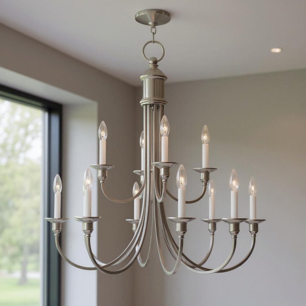 Nickel Twelve Light Metal Dimmable Chandelier With Shades HomeRoots