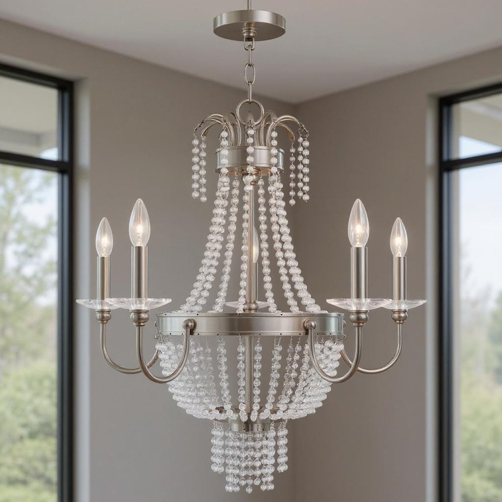 Nickel Five Light Metal Dimmable Chandelier With Shades HomeRoots