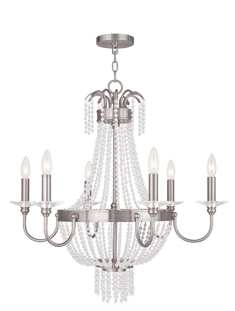 Nickel And Clear Six Light Metal Dimmable Chandelier With Shades HomeRoots