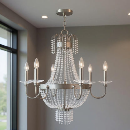 Nickel And Clear Six Light Metal Dimmable Chandelier With Shades HomeRoots