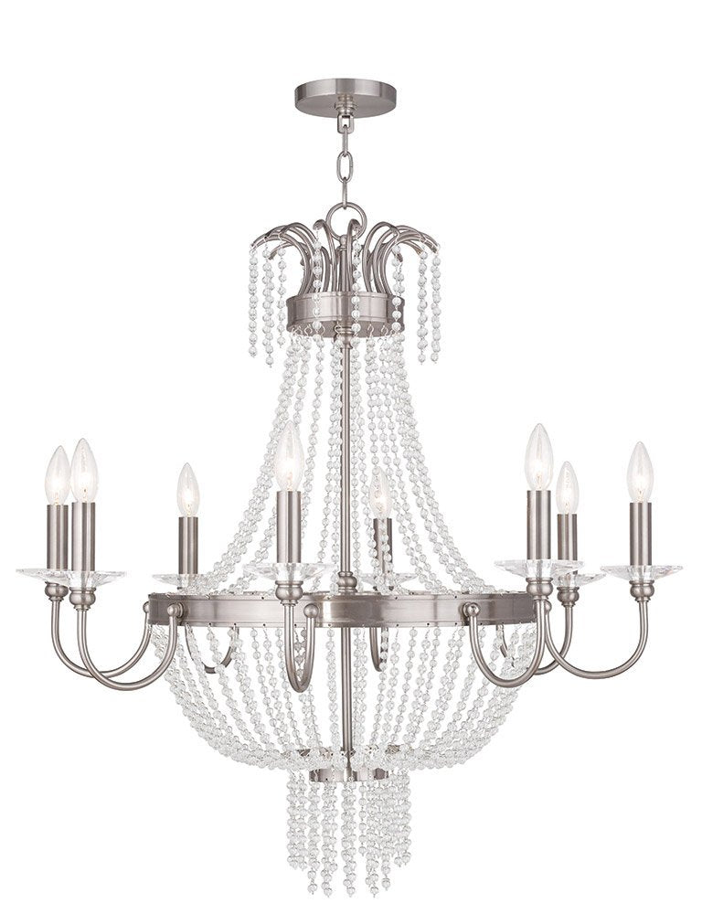 Nickel And Clear Eight Light Metal Dimmable Chandelier With Shades HomeRoots
