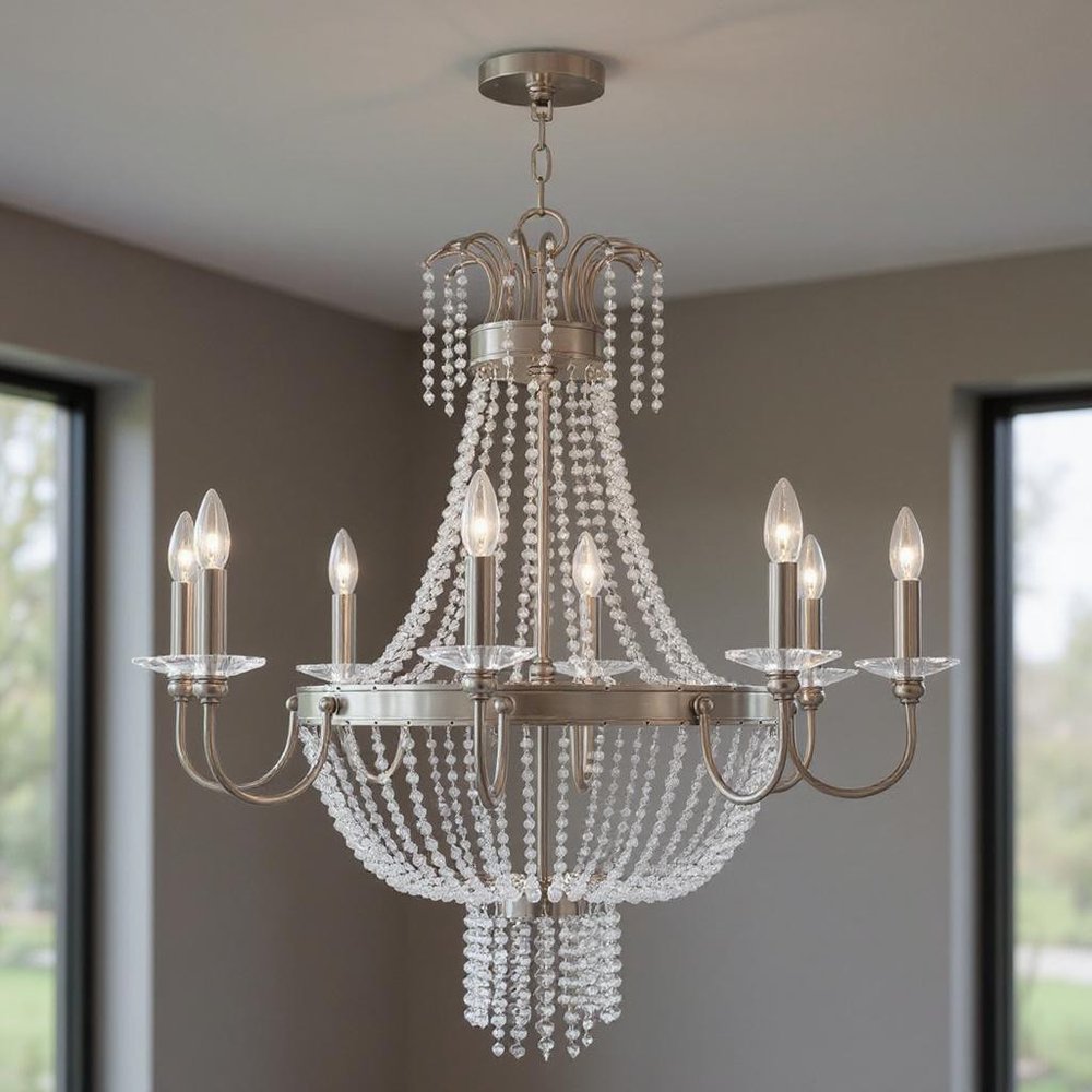 Nickel And Clear Eight Light Metal Dimmable Chandelier With Shades HomeRoots