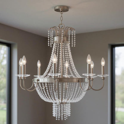 Nickel And Clear Eight Light Metal Dimmable Chandelier With Shades HomeRoots