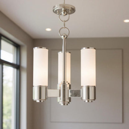 Nickel And Opal Three Light Metal Dimmable Chandelier With Shades HomeRoots