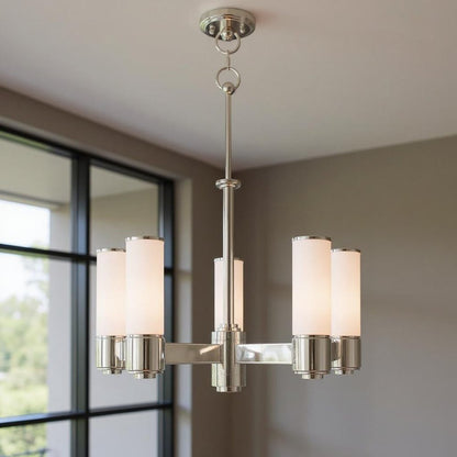 Nickel Five Light Metal Dimmable Chandelier With Shades HomeRoots