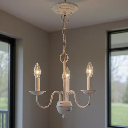 Antiqued White Three Light Metal Dimmable Chandelier With Shades HomeRoots