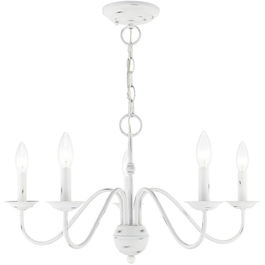 Antiqued White Five Light Metal Dimmable Chandelier With Shades HomeRoots