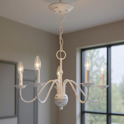 Antiqued White Five Light Metal Dimmable Chandelier With Shades HomeRoots