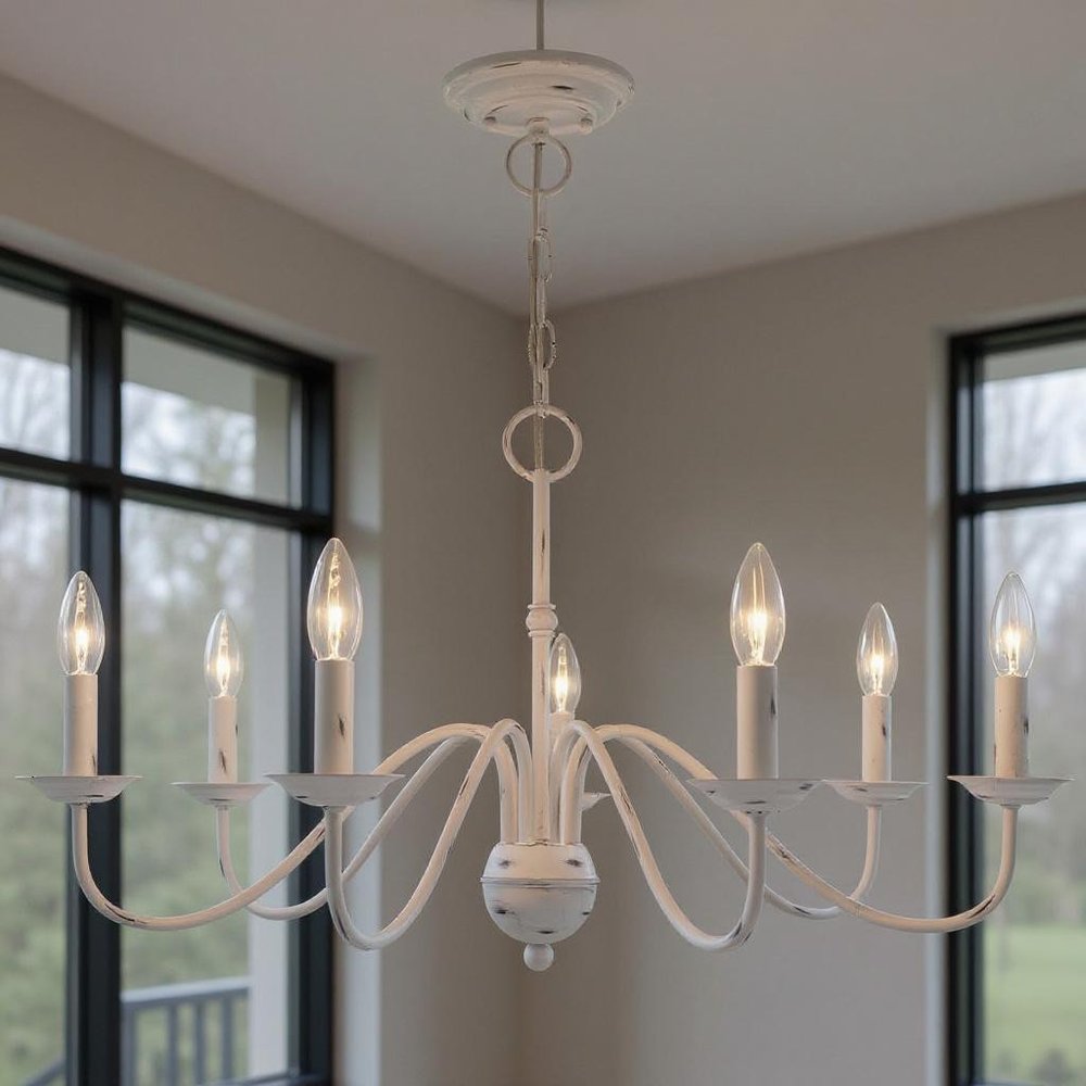 Antiqued White Seven Light Metal Dimmable Chandelier With Shades HomeRoots