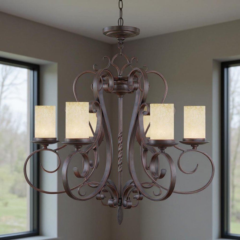 Bronze And Cream Six Light Metal Dimmable Chandelier With Shades HomeRoots