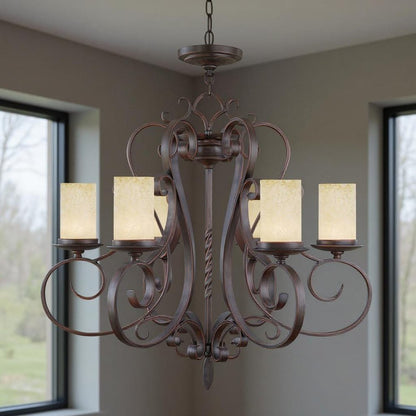 Bronze And Cream Six Light Metal Dimmable Chandelier With Shades HomeRoots