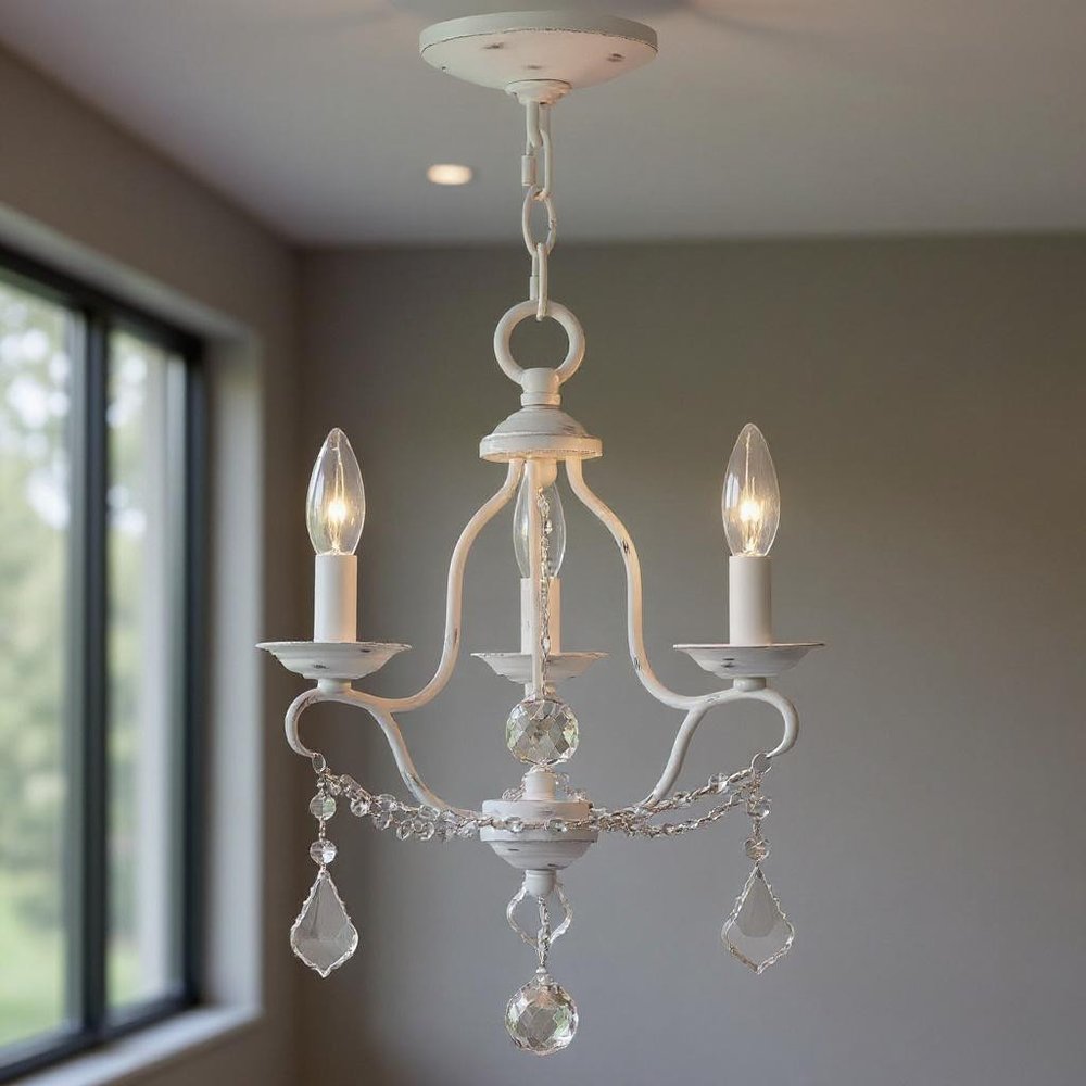 Antiqued White Three Light Metal Dimmable Chandelier With Shades HomeRoots